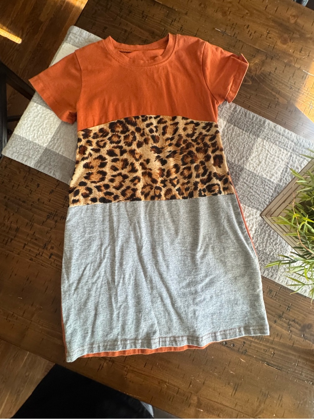 Burnt orange Colorblock tee shirt Dress with Leopard Print Accent